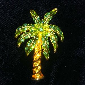 Palm Tree Brooch Sequins Rhinestones Vintage Shiny Green Gold Tone